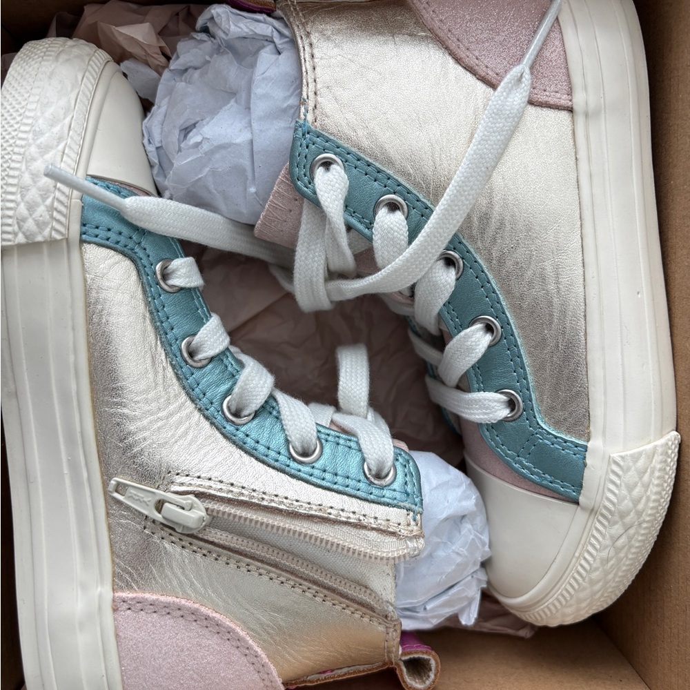 NWT Mini Boden Kids High-Top Metallic Sneakers in Pink & Teal - Casual Lace-Up